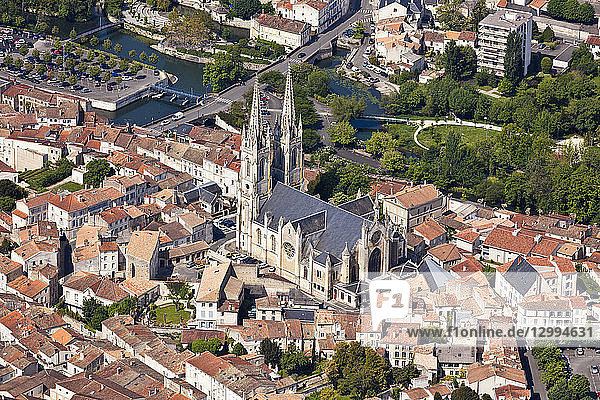 France,  Deux Sevres,  Niort,  Saint André Church by architect Segrétain with two spires of 70m high (aerial view)