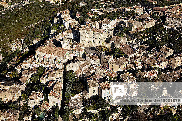 France,  Vaucluse,  Luberon,  Gordes,  labelled Les Plus Beaux Villages de France (The Most Beautiful Villages of France) (aerial view)