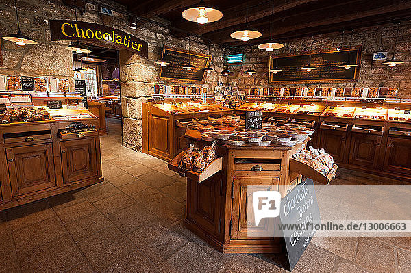 France,  Finistere,  Locronan,  labelled Les Plus Beaux Villages de France (The Most Beautiful Villages of France),  chocolate shop at church square