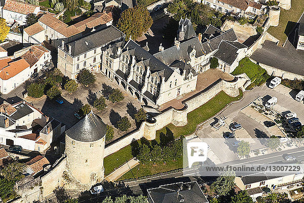 France,  Deux Sevres,  Thouars,  walls built between the 12th and 13th century (aerial view)