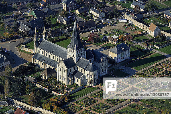 France,  Seine Maritime,  Saint Martin de Boscherville,  Saint Georges de Boscherville Abbey of the 12th century (aerial view)