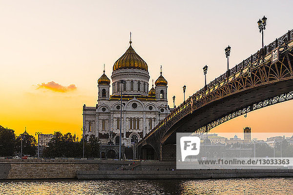 Cathedral of Christ the Saviour beside Moscow River in early evening Moscow Russia