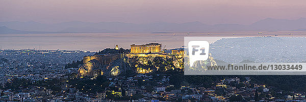 View over Athens and The Acropolis  UNESCO World Heritage Site  at sunset from Likavitos Hill  Athens  Attica Region  Greece