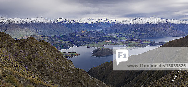 Panoramic view of Mount Aspiring and mountain range from the Roys Peak near Wanaka  Otago  South Island  New Zealand  Pacific