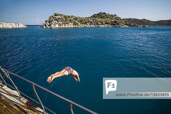 Diving off a Gulet sailing boat cruise in Gokkaya Bay  Antalya Province  Lycia  Anatolia  Mediterranean  Turkey Minor