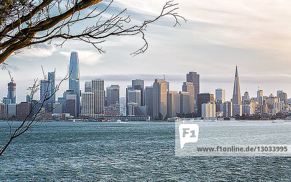 View of San Francisco skyline from Treasure Island at sunset  San Francisco  California  United States of America  North America