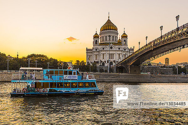 Cathedral of Christ the Saviour beside Moscow River in early evening Moscow Russia