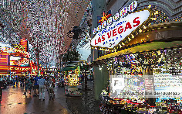 Neon lights on the Fremont Street Experience at dusk  Downtown  Las Vegas  Nevada  United States of America