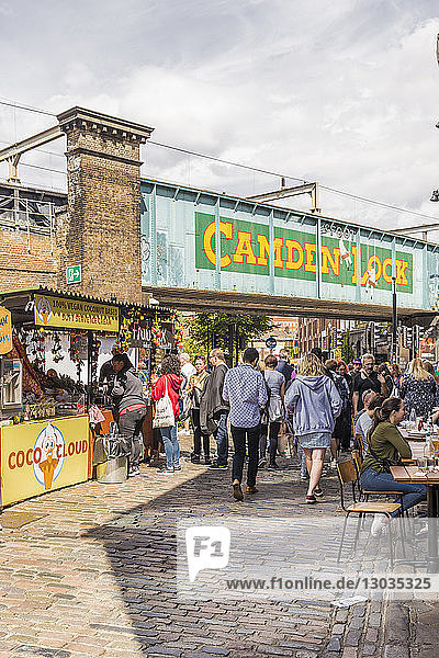 A view of Camden Market  and Camden Lock bridge in Camden  London  England  United Kingdom