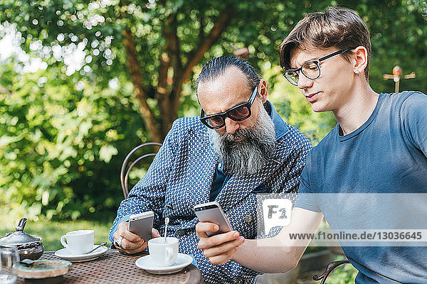 Man and son using cellphone over coffee in garden