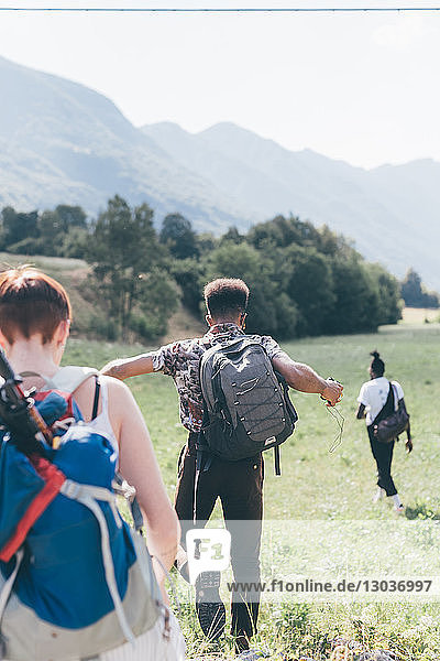 Drei junge erwachsene Freunde wandern durchs Feld  Rückansicht  Primaluna  Trentino-Südtirol  Italien