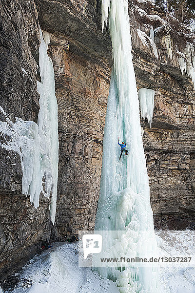 Männlicher Eiskletterer beim Besteigen der Eiszinne im Rigid Designator Amphitheater  Vail  Colorado  USA