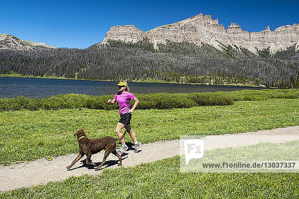 Seitenansicht einer Frau mit einem Hund beim Trailrunning auf dem Yellowstone Trail in der Nähe des Brooks Lake  Bridger Teton National Forest  Dubois  Wyoming  USA