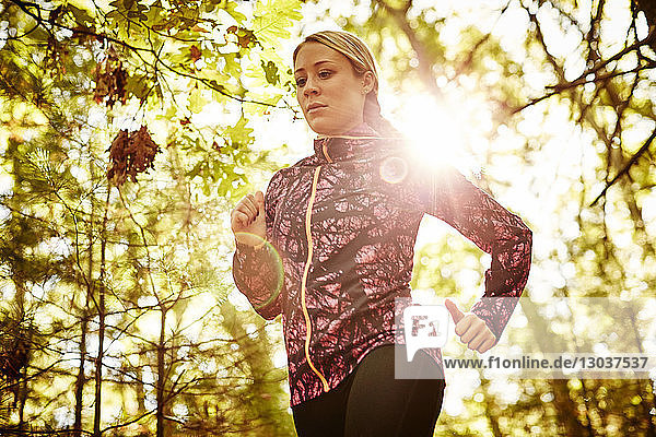 Taillenaufnahme einer einzelnen blonden Frau in Sportkleidung beim Joggen in einem Wald