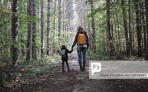 Rückansicht von Mutter und Sohn mit Rucksack  die Hände haltend  während sie auf einem Feldweg inmitten des Waldes stehen