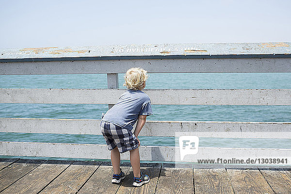 Rear view of boy looking through fence while bending on pier