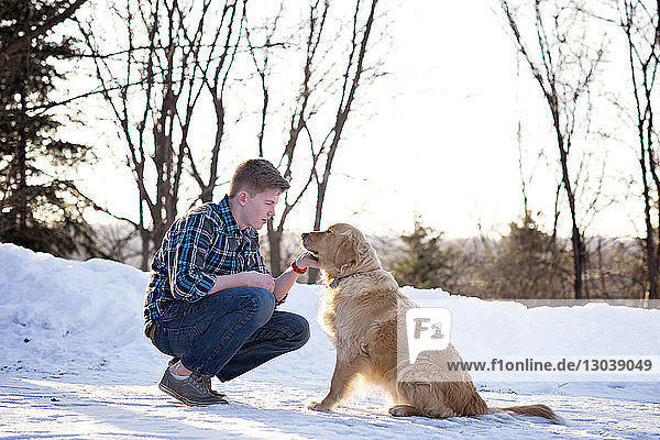 Teenager Junge streichelt Hund  während er auf schneebedecktem Feld kauert