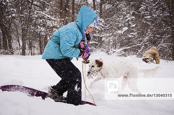 Playful girl playing with dog on snowy field during snowfall