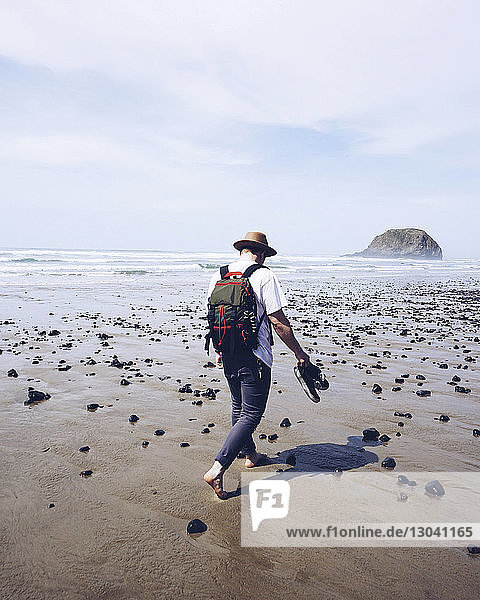 Rear view of hiker walking on wet sandy beach against sky during sunny day