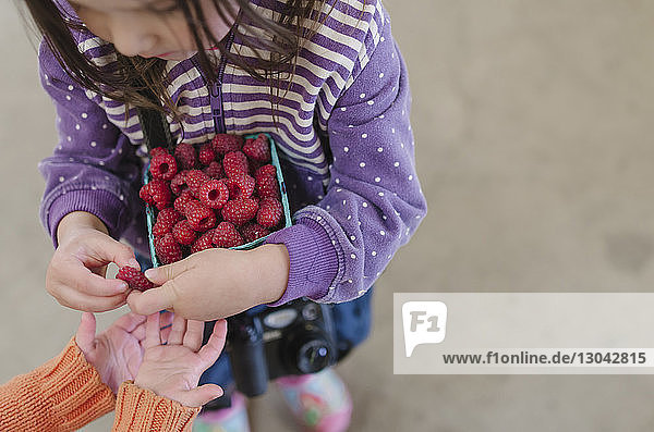 Overhead view of girl giving raspberry to sister