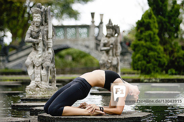 Seitenansicht einer Frau  die sich beim Üben von Yoga auf einer Plattform inmitten eines Teiches im Park nach hinten beugt