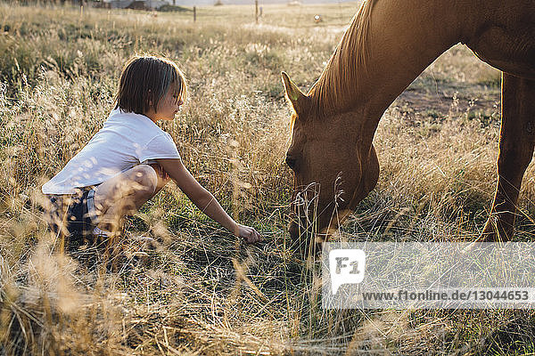 Side view of girl feeding horse with grass while crouching on field