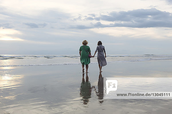 Rear view of female friends holding hands while walking on shore at beach during sunset