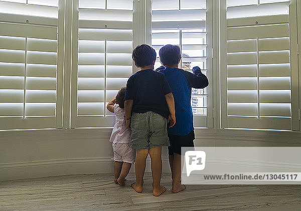Siblings looking through window blinds at home
