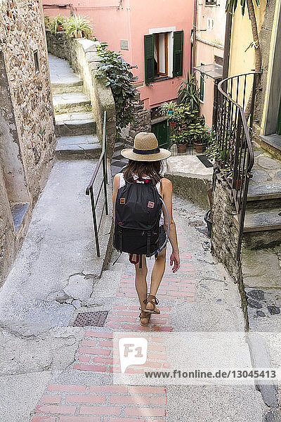 Rear view of woman moving down steps by houses in town