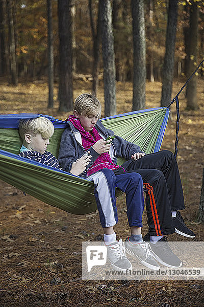 Brüder benutzen Smartphones  während sie auf einer Hängematte im Banff-Nationalpark sitzen