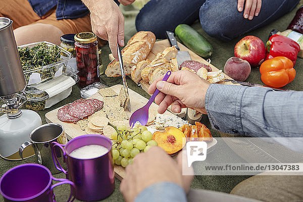 Cropped image of friends having food while sitting on picnic blanket