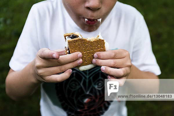 Midsection of boy eating smore