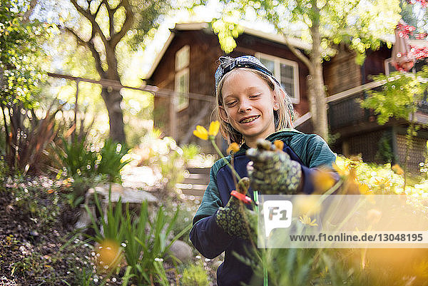 Glücklicher Junge schneidet Blumen  während er im Garten steht