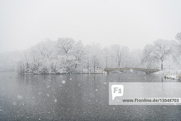 Bogenbrücke über den See durch kahle Bäume bei Schneefall