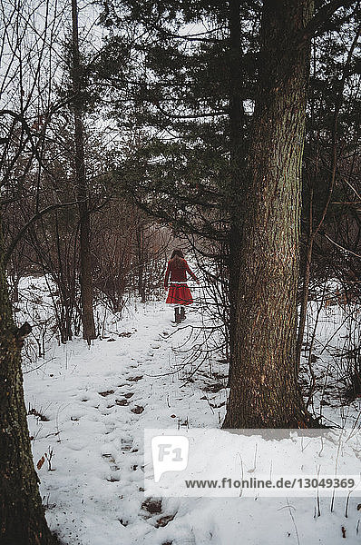 Mid distance view of girl walking on snowy field amidst forest