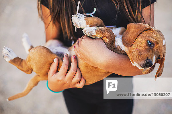 Midsection of girl carrying puppy while standing outdoors