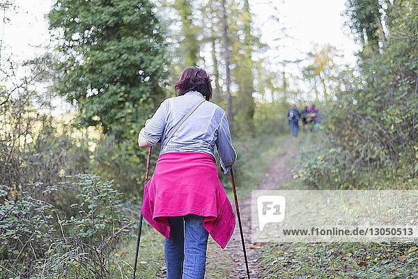 Rear view of woman walking on trail in forest