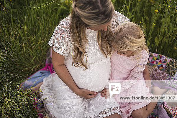 Hochwinkelaufnahme einer schwangeren Mutter mit Tochter  die auf einer Decke im Park sitzt