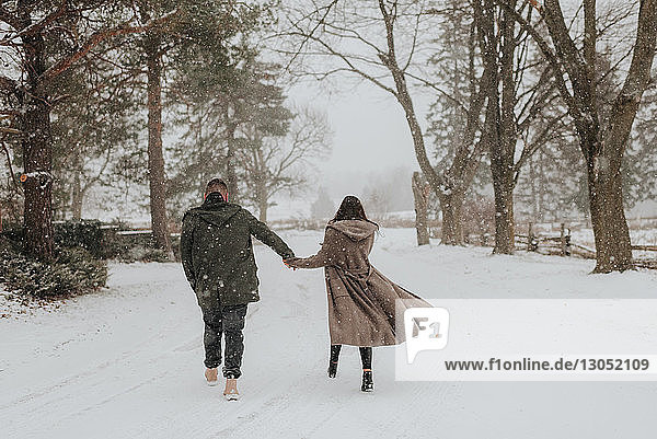 Couple walking in snowy landscape  Georgetown  Canada