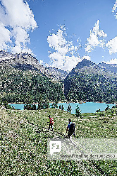 Hikers on lush green field  lake in background  Mont Cervin  Matterhorn  Valais  Switzerland