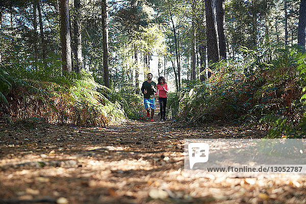 Männliche und weibliche Läufer laufen im Wald