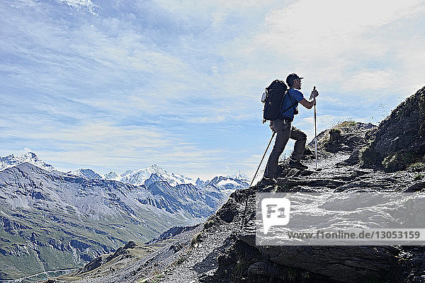 Hiker in Mont Cervin  Matterhorn  Valais  Switzerland