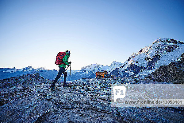 Hiker on rocky surface  Mont Cervin  Matterhorn  Valais  Switzerland