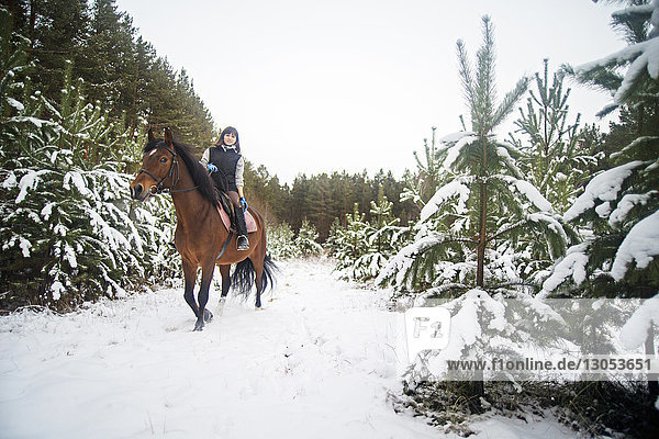 Frau reitet Pferd auf schneebedecktem Feld