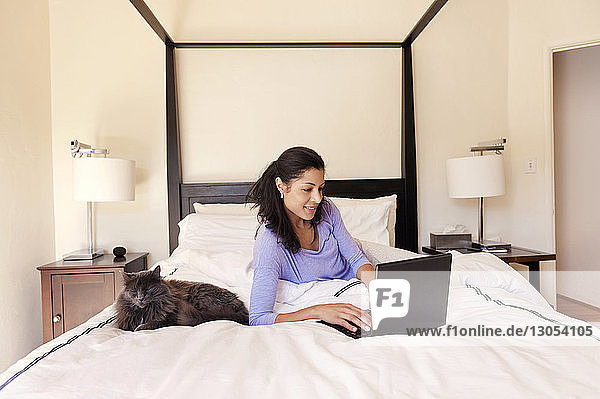 Glückliche Frau liegt neben der Katze und benutzt den Laptop zu Hause auf dem Bett