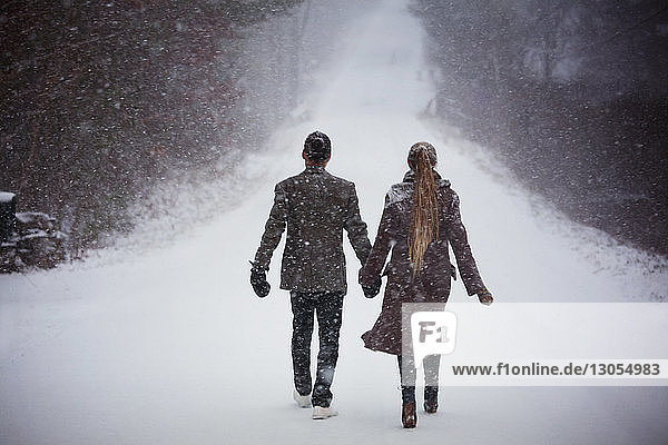 Rear view of couple holding hands while walking on snowy field