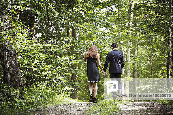 Rückansicht eines Paares  das sich beim Gehen auf einem Feldweg im Wald an den Händen hält