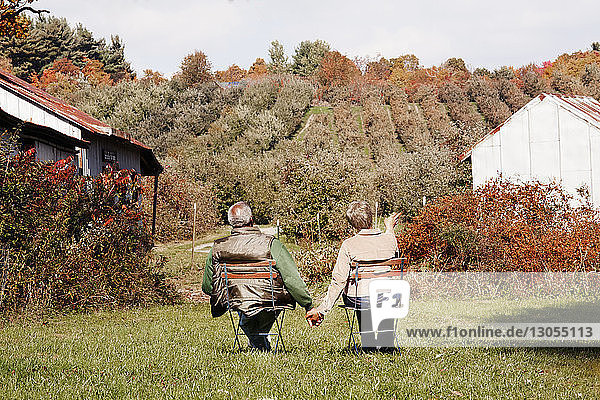 Älteres Ehepaar hält Händchen  während es im Hinterhof sitzt