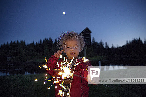 Boy holding sparkler on field against sky at night