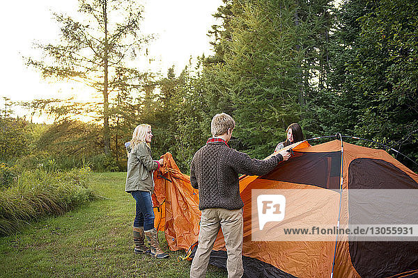 Freunde bereiten Zelt auf Feld im Wald vor